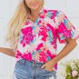 Rose Tropical Plant Printed V Neck Puff Sleeve Blouse