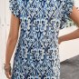 Sky Blue Boho Abstract Print Pintuck Detail Ruffled Top