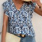 Sky Blue Boho Abstract Print Pintuck Detail Ruffled Top