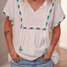 White Colorful Fringed Detail Tassel Tie Neck Short Sleeve Blouse