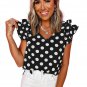 Black Polka Dot Print Ruffled Sleeve V Neck Blouse