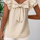 Beige Textured Bow Knot Frilled Butterfly Sleeve Blouse
