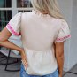 Beige Floral Embroidered Short Sleeve Notched V Neck Blouse