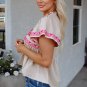 Beige Floral Embroidered Short Sleeve Notched V Neck Blouse