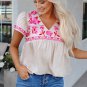 Beige Floral Embroidered Short Sleeve Notched V Neck Blouse