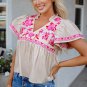 Beige Floral Embroidered Short Sleeve Notched V Neck Blouse