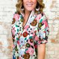 Pink Floral Print Slit V Neck Short Sleeve Blouse