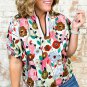 Pink Floral Print Slit V Neck Short Sleeve Blouse