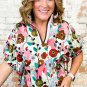 Pink Floral Print Slit V Neck Short Sleeve Blouse