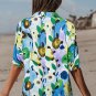Light Blue Floral Print Slit V Neck Short Sleeve Blouse