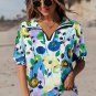 Light Blue Floral Print Slit V Neck Short Sleeve Blouse
