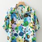 Light Blue Floral Print Slit V Neck Short Sleeve Blouse