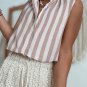 Khaki Stripe Casual Button Down Sleeveless Shirt
