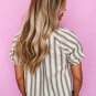 Gray Stripe Frilled Tie Neck Short Sleeve Blouse