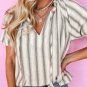 Gray Stripe Frilled Tie Neck Short Sleeve Blouse