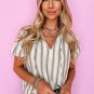 Gray Stripe Frilled Tie Neck Short Sleeve Blouse