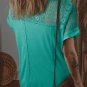 Sea Green Lace Patchwork Split Neck Textured Short Sleeve Blouse