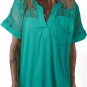 Sea Green Lace Patchwork Split Neck Textured Short Sleeve Blouse
