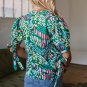 Green Brushwork Geometric Print Puff Sleeve Notched Neck Blouse