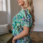 Green Brushwork Geometric Print Puff Sleeve Notched Neck Blouse