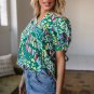 Green Brushwork Geometric Print Puff Sleeve Notched Neck Blouse