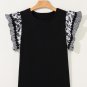 Black Ricrac Trim Printed Flutter Sleeve Contrast Patchwork Blouse