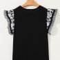 Black Ricrac Trim Printed Flutter Sleeve Contrast Patchwork Blouse