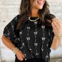 Black Bow Print Puff Short Sleeve Top