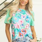 Green Floral Print Eyelet Embroidered Short Sleeve Crew Neck Top