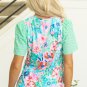 Green Floral Print Eyelet Embroidered Short Sleeve Crew Neck Top