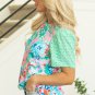 Green Floral Print Eyelet Embroidered Short Sleeve Crew Neck Top
