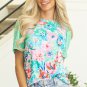 Green Floral Print Eyelet Embroidered Short Sleeve Crew Neck Top