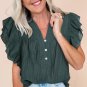 Skobeloff Frilled V Neck Ruffled Cap Sleeve Blouse