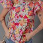 Multicolour Lace Trim Ruffle Short Sleeve Floral Blouse