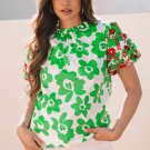 Green Contrast Embroidered Puff Short Sleeve Floral Blouse