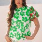 Green Contrast Embroidered Puff Short Sleeve Floral Blouse