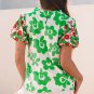 Green Contrast Embroidered Puff Short Sleeve Floral Blouse