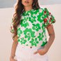 Green Contrast Embroidered Puff Short Sleeve Floral Blouse