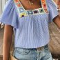 Sky Blue Stripe Textured Ruffle Boho Detail Square Neck Blouse