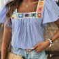 Sky Blue Stripe Textured Ruffle Boho Detail Square Neck Blouse