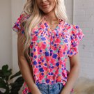 Rose Red Abstract Print Ruffled Sleeve V Neck Blouse