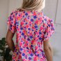 Rose Red Abstract Print Ruffled Sleeve V Neck Blouse