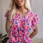 Rose Red Abstract Print Ruffled Sleeve V Neck Blouse