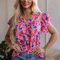 Rose Red Abstract Print Ruffled Sleeve V Neck Blouse