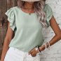 Clearly Aqua Solid Color Ruffled Short Sleeve Casual Blouse