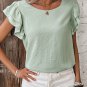 Clearly Aqua Solid Color Ruffled Short Sleeve Casual Blouse