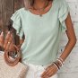 Clearly Aqua Solid Color Ruffled Short Sleeve Casual Blouse