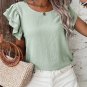 Clearly Aqua Solid Color Ruffled Short Sleeve Casual Blouse