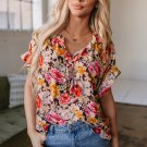Pink Floral Print Crew Neck Short Sleeve Shift Blouse