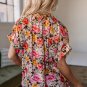Pink Floral Print Crew Neck Short Sleeve Shift Blouse